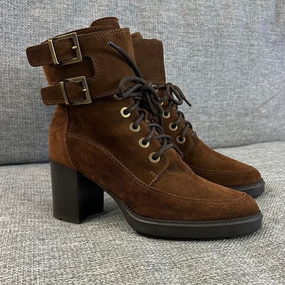 EUC Aquatalia Irene Brown Suede Boots Sz 8.5 Heeled Buckle Lace Up Ankle Booties - Picture 3 of 16